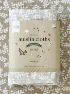 A LITTLE LOVELY COMPANY Luomupuuvillainen harso 60x60 2-pack, Leaves-taupe