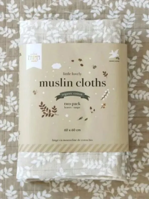 A LITTLE LOVELY COMPANY Luomupuuvillainen harso 60x60 2-pack, Leaves-taupe